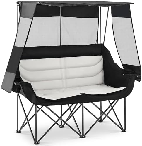 Asrug Padded Double Camping Chair with Canopy 2 Person Portable Camping Chair Loveseat with Cup Holders and Side Pockets Heavy Duty Camp Couch for Outdoor Fishing 650lbs Support (Black & Light Gray)