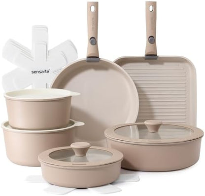 SENSARTE 17 Piece Ceramic Detachable Handle Pots and Pans Set Almond Beige