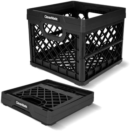 CleverMade Collapsible Milk Crate, 25L Storage Crate, Holds 50 lb, Obsidian (Pack of 6)