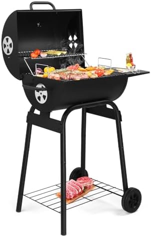 33.8" Portable Barrel Charcoal Grill,Metal Outdoor Barbecue Smoker,Heavy Duty Outdoor BBQ Grill,Vertical Camping Barbecue Grill,with Side Table & Wheels,for Garden Patio Beach Backyard (Black)