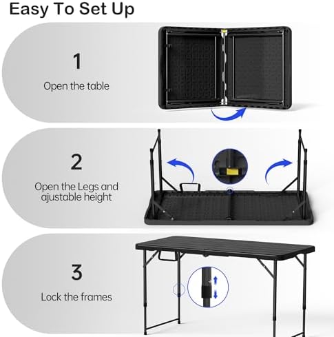 VSOAEIL 4 FT Folding Table 2 Pack Plastic Foldable Table Adjustable Height