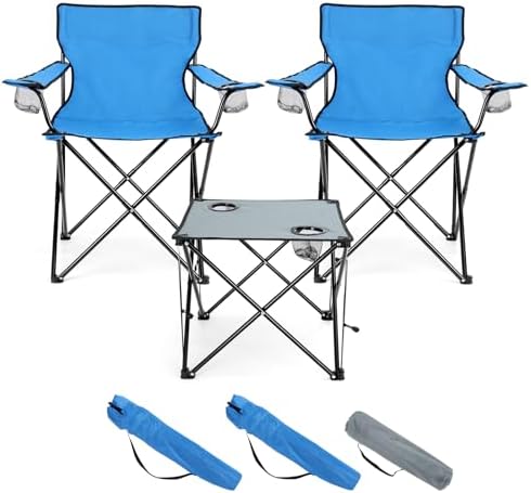 HaSteeL Folding Camping Chair Set of 3, Foldable Blue Camp Chairs & Grey Table, Large Lawn Chair Portable for Adults Hiking, Fishing, Picnic, Outdoor BBQ, Travel, Sports, Cup Holders & Storage Bags
