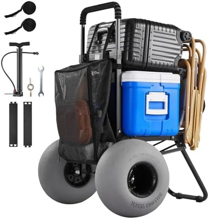 VEVOR Beach Dolly with Big Wheels for Sand, 18" x 15" Cargo Deck, Folding Sand Cart with 12" Balloon Wheels, 165 lbs Loading Capacity & 34" to 45" Adjustable Height, Heavy Duty Cart for Beach Camping