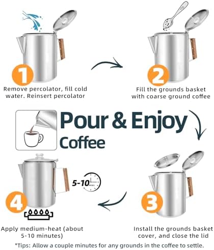 MEREZA Camping Percolator Coffee Pot 12 Cup Stove Top Coffee Percolator Non Electric Coffee Maker Camping Stainless Steel Coffee Pot Outdoors Home No Aluminum & Plastic Fast Brew