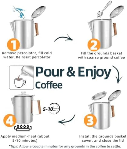 MEREZA Camping Percolator Coffee Pot 12 Cup Stove Top Coffee Percolator Non Electric Coffee Maker Camping Stainless Steel Coffee Pot Outdoors Home No Aluminum & Plastic Fast Brew
