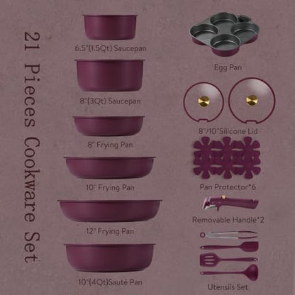 CAROTE 21pcs Pots and Pans Set Non Stick, Detachable Handle Cookware Sets