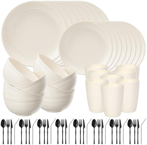 Quatish 64 Piece Plastic Plates and Bowls Sets for 8, Dinnerware Sets Beige