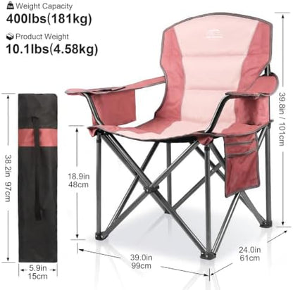 2 Pack Padded Oversized Camping Chairs for Adults,Heavy Duty Support 400 Lbs,Folding Portable Lawn Chair w/Cup Holder,Cooler Bag,Side Pocket,Perfect for Outdoor Picnic,Hiking(Pink)