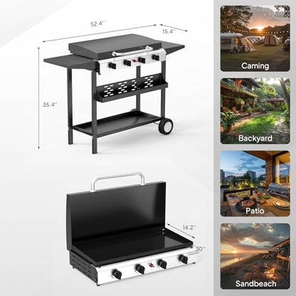 Bonnlo 40000BTU Propane Griddle with Lid and Ignition, Standing Flat Top Gas Grill with Storage Shelf and Portable Rolling Wheels, 4 Burner Camping Cooker for Patio Backyard Outdoor Cooking BBQ