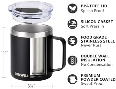 SUNWILL Travel Coffee Mug with Lid, Insulated Tumbler with Handle, 14oz Stainless Steel Cup for Camping, Outdoor, Powder Coated Black