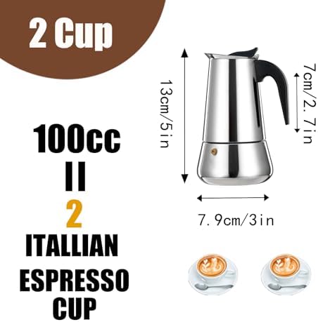2 Cup Stovetop Espresso Maker Stainless Steel Moka Pot Stove Top Percolator Italian Coffee Makers Capable Mocha Greca Machine Cafe Classic Induction Cookers for Home and Camping 100ml 3.3oz