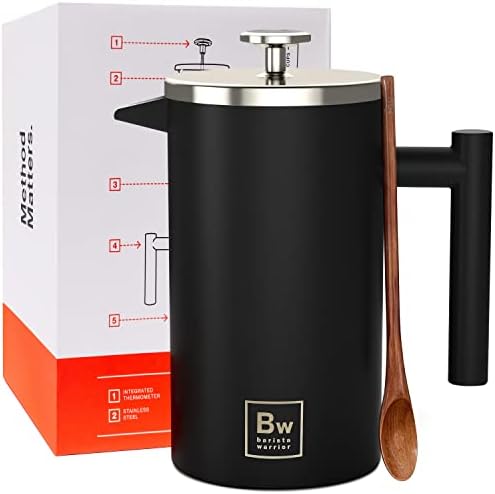 Barista Warrior French Press Coffee Maker - Double-Wall Stainless Steel Insulated French Press with Built-In Thermometer, Dual Filters Coffee Maker with Wooden Spoon - Black