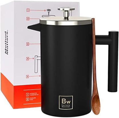 Barista Warrior French Press Coffee Maker - Double-Wall Stainless Steel Insulated French Press with Built-In Thermometer, Dual Filters Coffee Maker with Wooden Spoon - Black