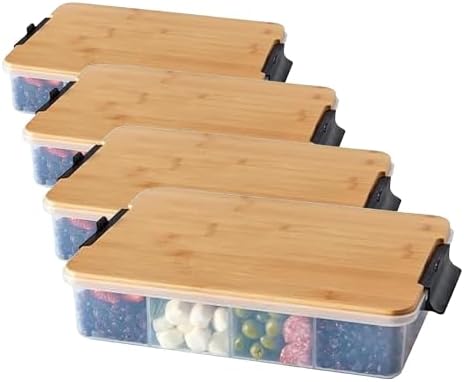 Farberware Build Snacklebox Serving Tray with Locking Bamboo Cutting Board Lid, Portable Storage Container with Compartments for Charcuterie, and More, Natural (Pack of 4)