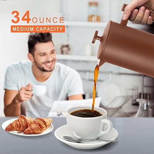 Secura French Press Coffee Maker, 304 Grade Stainless Steel Insulated Coffee Press with 2 Extra Screens, 34oz (1 Litre), Coffee (Pack of 2)