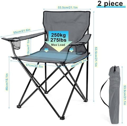 HaSteeL Camping Chair for Adults, Folding Beach Chair Set of 2, Large Foldable Portable Chair for Outdoors Fishing, Hiking, Sporting, Travel, Picnic, Lawn, Hold 275lbs & A Storage Bags (Grey)