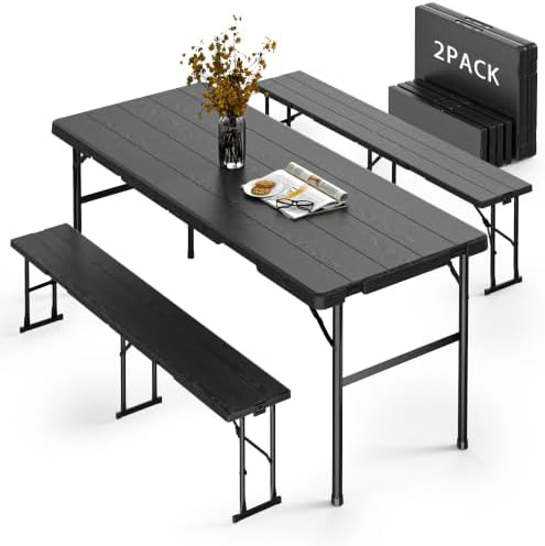 2pk Folding Table with 4 Benches Set for Camping, Picnic, Black