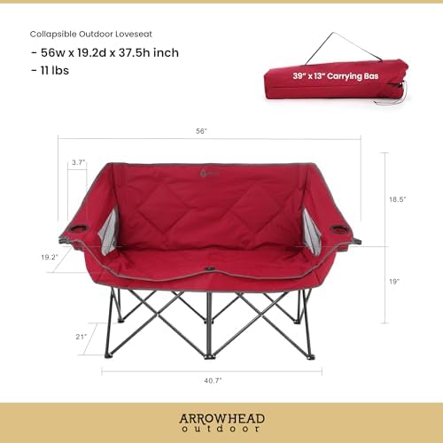 ARROWHEAD OUTDOOR Portable Folding Double Duo Camping Chair Loveseat w/ 2 Cup & Wine Glass Holder, Carrying Bag, Supports up to 500lbs
