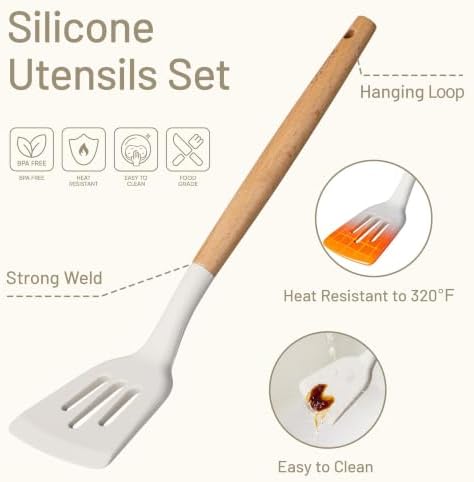 CAROTE 10-Piece Kitchen Utensils Set with Wood Cool-Touch Handles, Cream