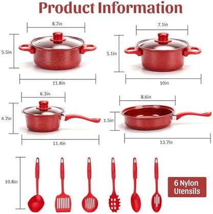13 Piece Set Non-Stick Cookware Set, Portable Lightweight Cast Iron Pots and Pans with Glass Lids and Nylon Utensils for Outdoor Camping Picnic Travel Cookware