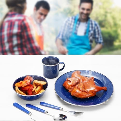 LemonRoad 9 Pcs Camping Enamel Plates Cups and Bowls Set Camping Mess Kit, Enamel Bowl Mug Plate Knife Fork Dishwashing Sponge Utensil Bags Storage Straps Lightweight Tableware for Backpacking Hiking