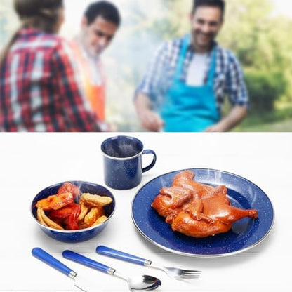 LemonRoad 9 Pcs Camping Enamel Plates Cups and Bowls Set Camping Mess Kit, Enamel Bowl Mug Plate Knife Fork Dishwashing Sponge Utensil Bags Storage Straps Lightweight Tableware for Backpacking Hiking