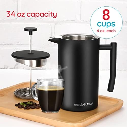 French Press Coffee Maker, 34oz Insulated Stainless Steel, Matte Black
