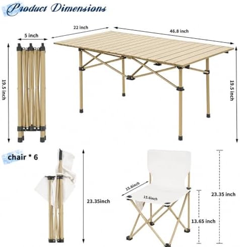 Camping Table with 6 Chairs, Portable Folding Picnic Table Set-Beige