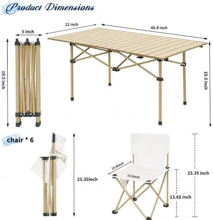 Camping Table with 6 Chairs, Portable Folding Picnic Table Set-Beige