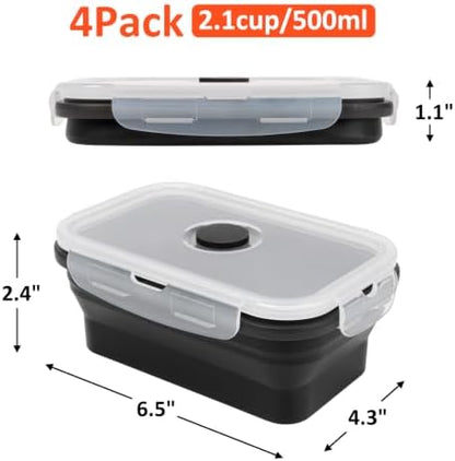 Collapsible Silicone Food Storage Containers Set with Lid & Air Vent,Foldable Lunch Containers(4PCS,Black,17oz)
