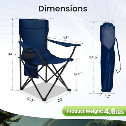 Portable Camping Chair 2 Pack, Folding Outdoor Chair with Cup Holder & Side Pocket for Camping, Hiking, Picnic, Beach (Navy Blue)