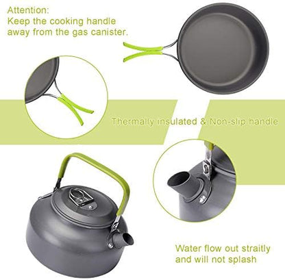 Peidesi Camping Cookware Mess Kit, Portable Camp Stove Pots and Pans Set, Carabiner, Folding Knife, Fork Spoon Kit, Carry Mesh Bag,Teapot for Backpacking, Outdoor Camping, Hiking and Picnic（16Pcs）