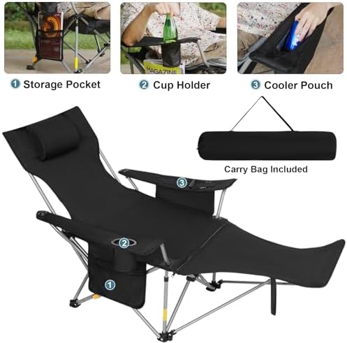 Romswi 2Pack 4-Position Reclining Camping Chair with Removable Footrest, 2-in-1 Adjustable Portable Lounge Chair with Cooler Bag, Cup Holder, Side Pockets & Carry Bag for Outdoor, Black