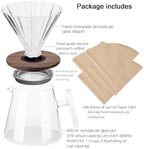 Lalord Pour Over Coffee Maker, 20 oz Borosilicate Glass Set with 100 pcs Paper Filter, Walnut Collar & Glass Lid, Drip Coffee Maker, 1-3 Cups, Clear, 600 ml, Petal Shape