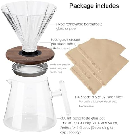 Lalord Pour Over Coffee Maker, 20 oz Borosilicate Glass Set with 100 pcs Paper Filter, Walnut Collar & Glass Lid, Drip Coffee Maker, 1-3 Cups, Clear, 600 ml, Petal Shape