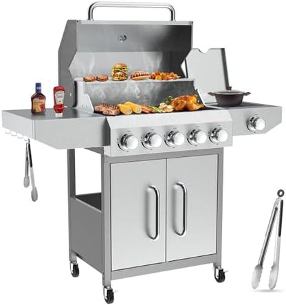 Llamaviva 5 Burner Propane Gas Grill with Side Burner,Stainless Steel BBQ Grill with Porcelain-Enameled Cast Iron Grates, 68000 BTU Cabinet-Style Cart Design for Outdoor Patio Barbecue- food clip