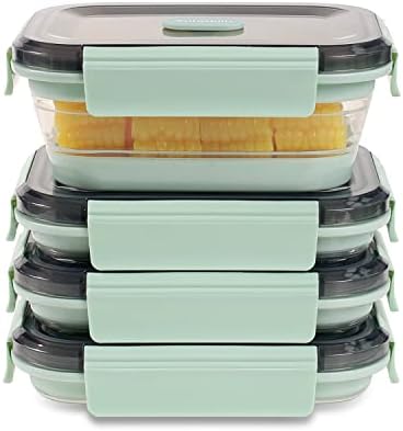 Collapsible Food Storage Containers with Lid & Air Vent, Clear Stacking Silicone Collapsible Food Container Set, Microwave Freezer Dishwasher Safe Space-Saver, Set of 4, Mint Green