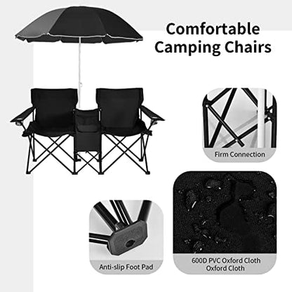 Goplus Double Camping Chairs with Umbrella, Cooler for Beach Patio