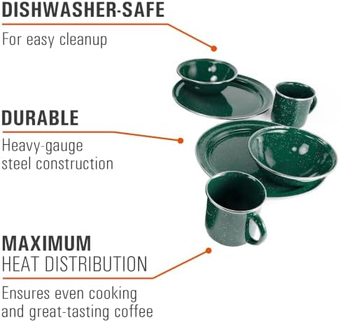 GSI Outdoors Pioneer Enamel 12 Pieces (4-Person) Dish Set I Enamelware Dishes Including Plates, Bowls and Mugs for Camping, Outdoors, RV, Camp, Green