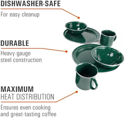 GSI Outdoors Pioneer Enamel 12 Pieces (4-Person) Dish Set I Enamelware Dishes Including Plates, Bowls and Mugs for Camping, Outdoors, RV, Camp, Green