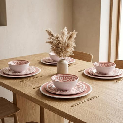 Melamine Dinnerware Sets,12 Pcs Plates and Bowls Set - Light Pink