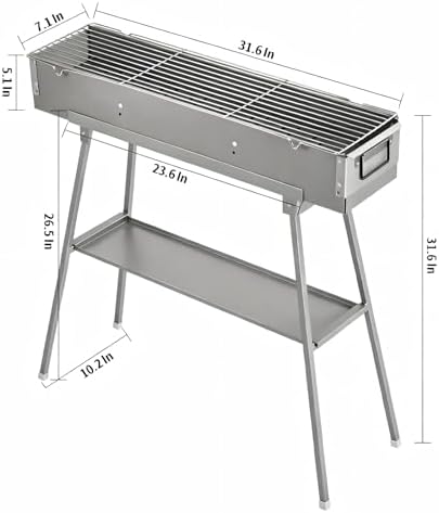 Portable Charcoal Grills, Alloy Steel BBQ Grill with Foldable Stand Adjustable Air Vents, Kebab Skewer BBQ Barbecue Grill Kit for Garden Backyard Party Picnic Travel Outdoor Use (31.6x7.1inch)