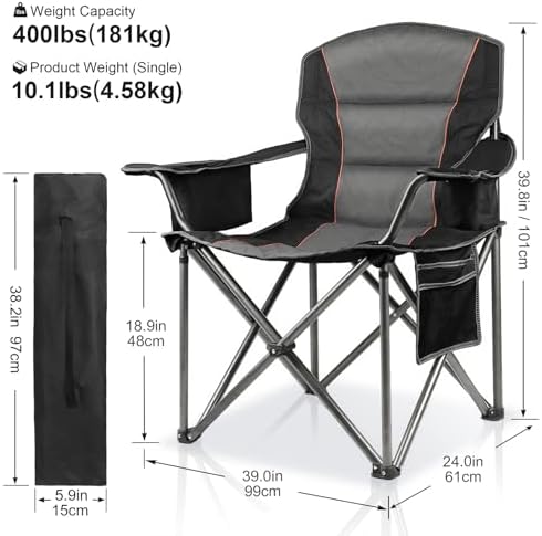 Oversized Padded Camping Chairs for Adults,Heavy Duty Support 400 Lbs,Folding Portable Lawn Chair w/Cup Holder,Cooler Bag,Side Pocket,Perfect for Outdoor Picnic,Hiking(Black)