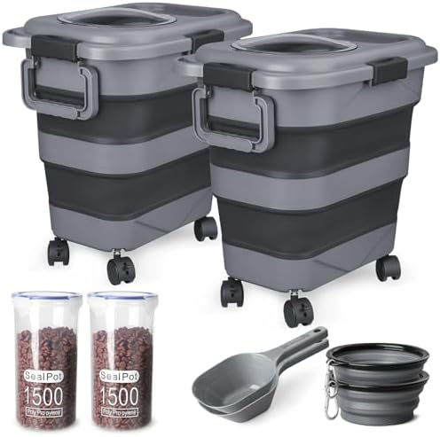 Dog Food Storage Container，2 Pack 25 lbs Airtight Collapsible Cat Food Storage Container with Attachable Wheels, Portable Handle, Dog Food Scoop for Dog Cat Bird Pet Dry Food Storage Bin Large