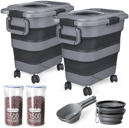 Dog Food Storage Container，2 Pack 25 lbs Airtight Collapsible Cat Food Storage Container with Attachable Wheels, Portable Handle, Dog Food Scoop for Dog Cat Bird Pet Dry Food Storage Bin Large