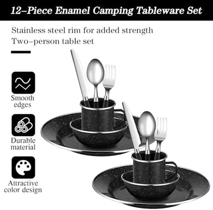 Nuogo 12 Pcs Enamel Camping Tableware Set Dinnerware Kit