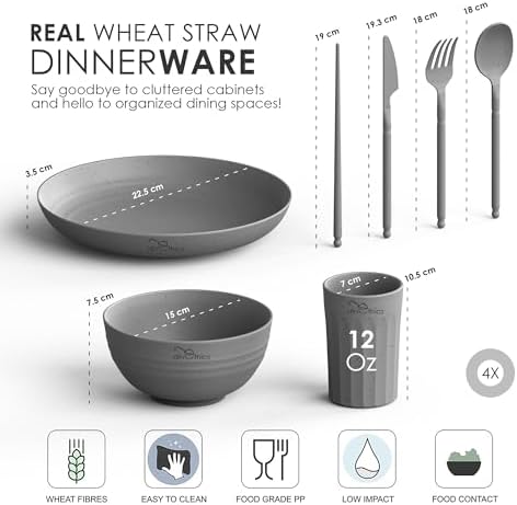 Wheatstraw Dinnerware Set For 4 - Dishwasher Microwave Plates For Heating Food - Unbreakable Wheat Straw Plates And Bowls sets - Replace Plastic Dinnerware Set - Camping Dishes Set