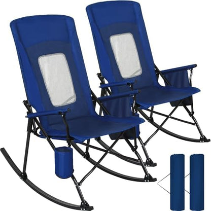 Romswi 2 Pack Rocking Camping Chair for Adult 400LBS Capacity, Heavy Duty Folding Rocking Chairs, Portable Outdoor Rocker with High Back & Hard Armrests for Camping, Beach, Patio, Backyard, Mesh Blue