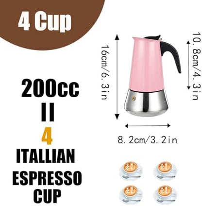 4 Cup Stovetop Espresso Maker Stainless Steel Moka Pot Stove Top Percolator Italian Coffee Makers Capable Mocha Greca Machine Cafe Classic Induction Cookers for Home and Camping 200ml 6.6oz