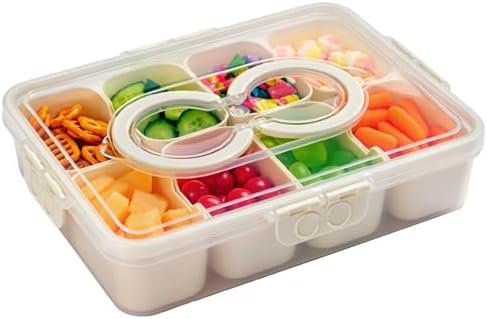 Snackle Box Container,Divided Serving Tray with Lid and Handle,Dishwasher Safe Snack Box Charcuterie Board,8-Compartment Snack Container for Adults,Fruit Veggie Tray Snack Organizer for Party Picnic